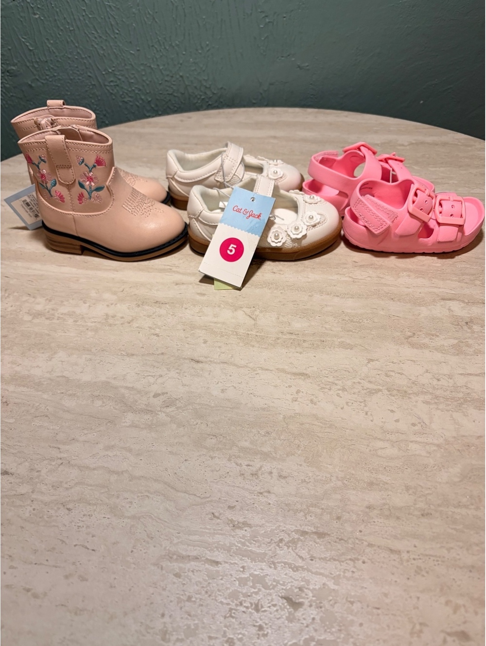 Girls' Size 5 Shoes 3-Pair Set - Pink Sandals, White Dress Shoes, and Light Pink